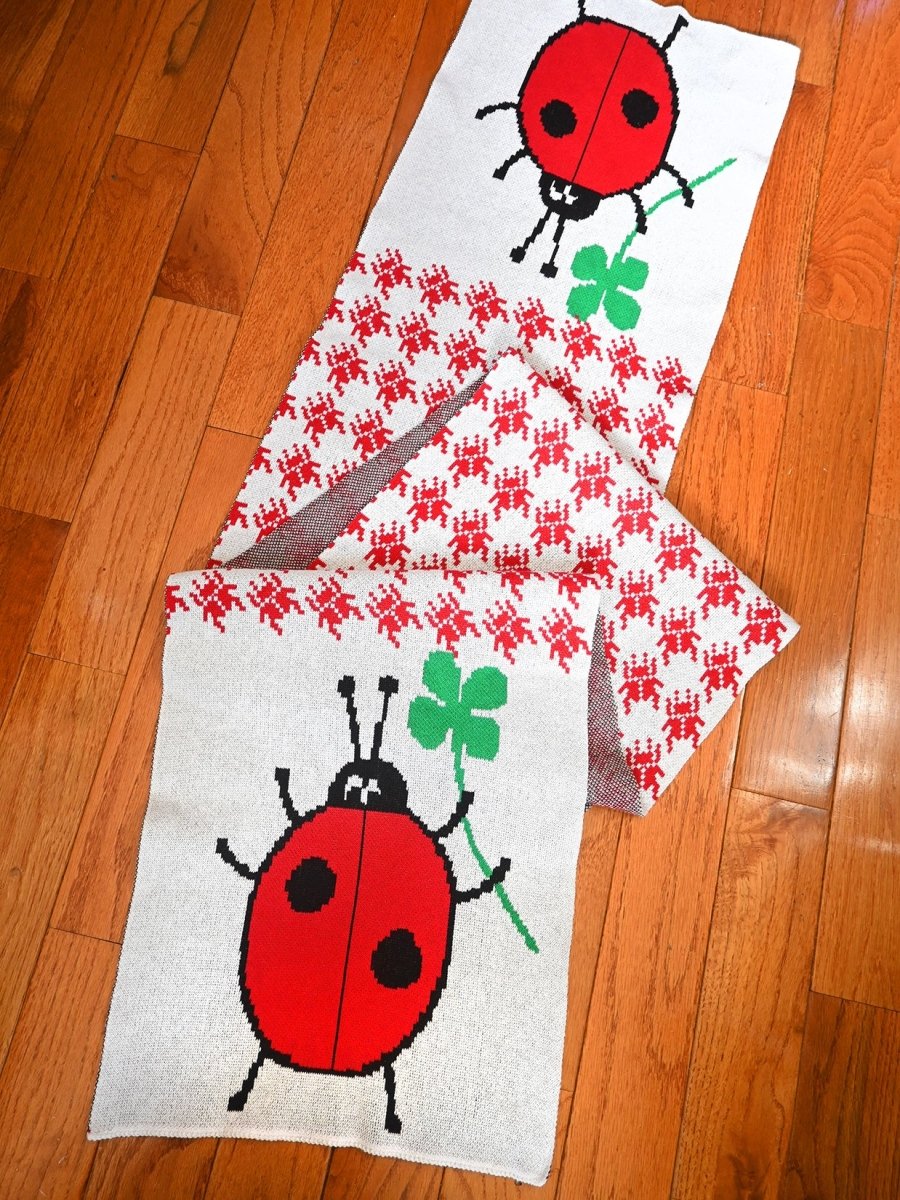 "Lucky Bug" Jumbo scarf. Made on Long Island, New York, USA, with recycled cotton and recycled polyester. Designed in NYC by Ho Hos Hole in The Wall. 12" x 78"